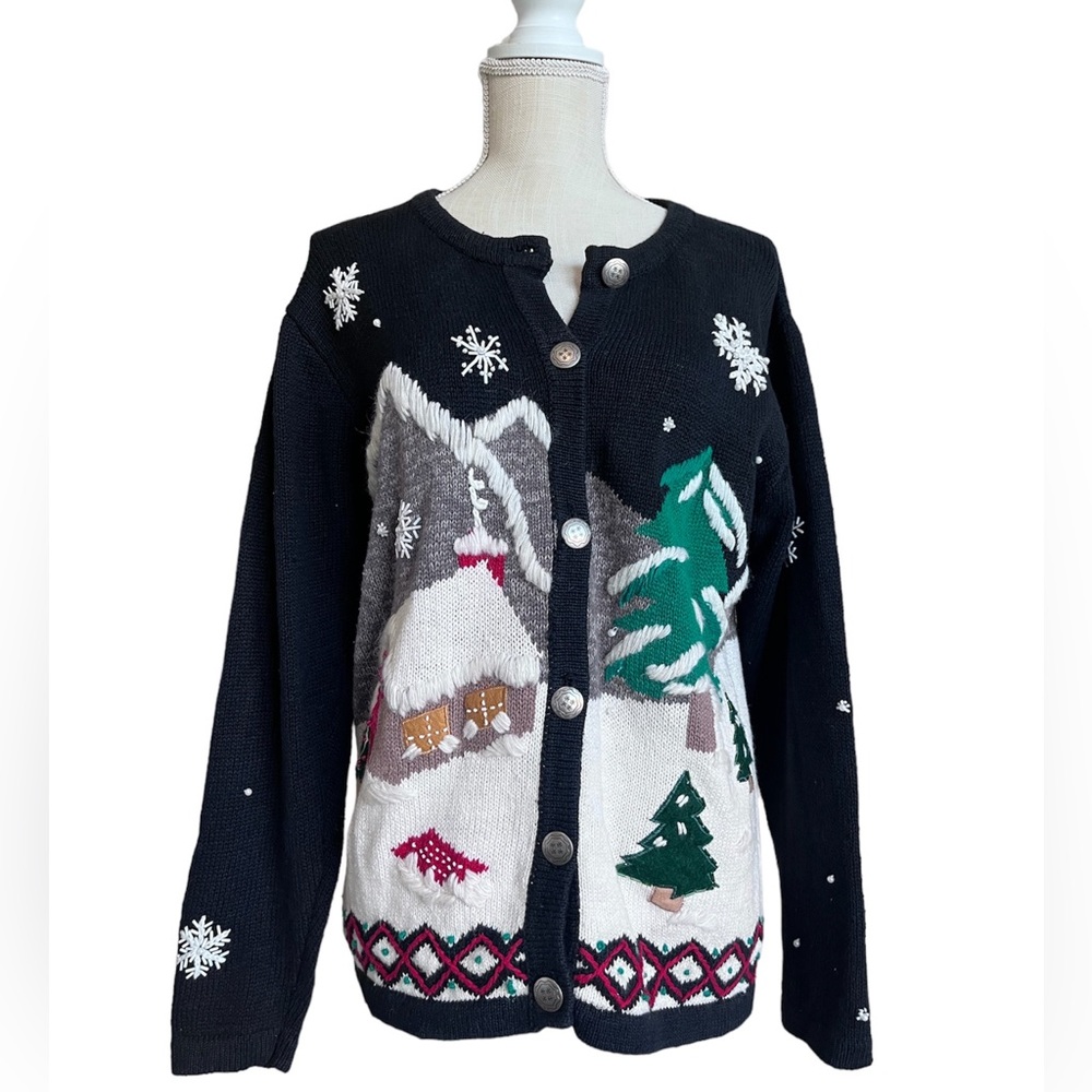 Bobbie Brooks Vintage Womens Ugly Christmas Sweater Cabin Snow Cardigan Medium